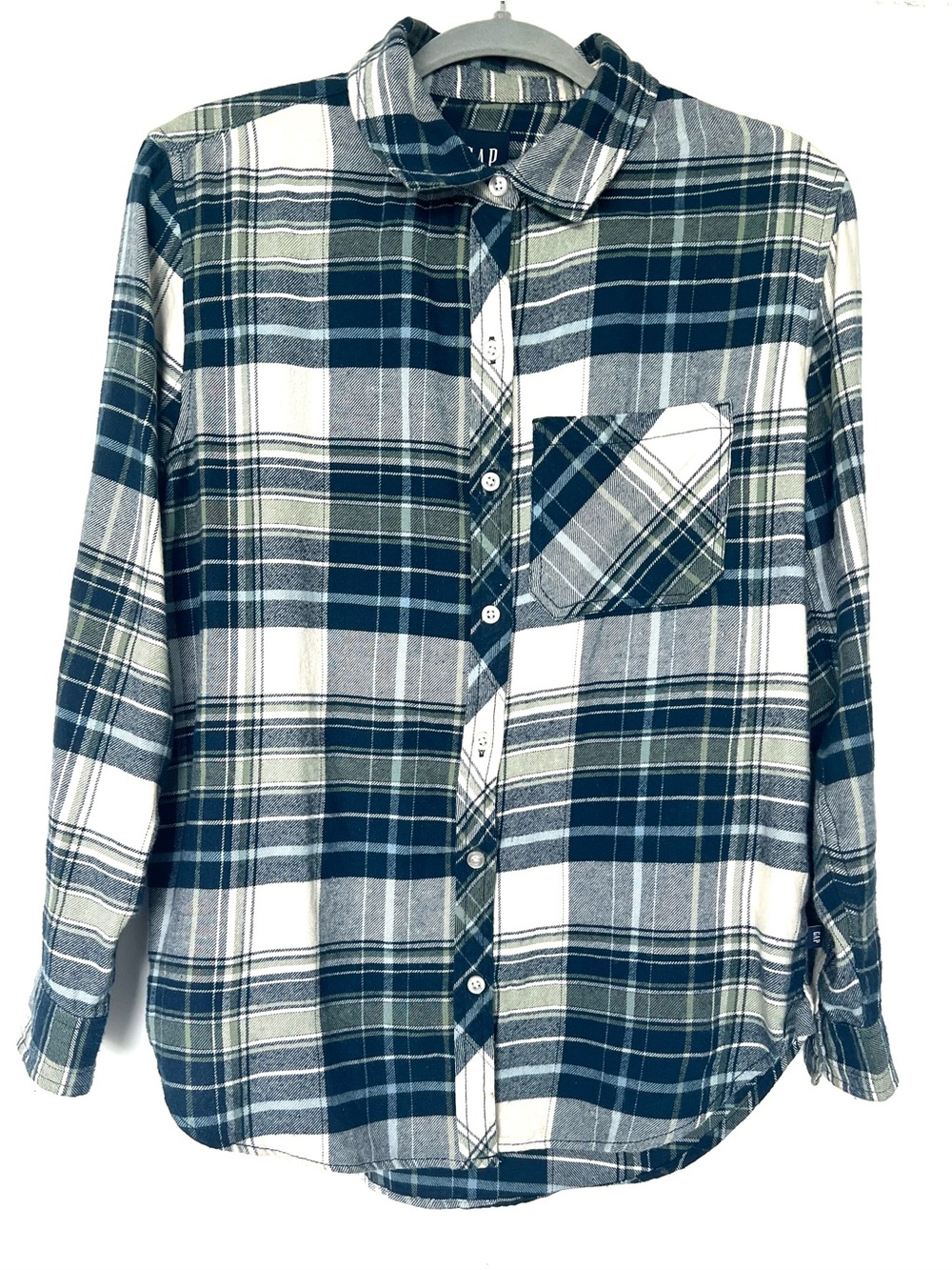 GAP Women’s Small Plaid Flannel 100% Cotton Shirt Navy Green Cream